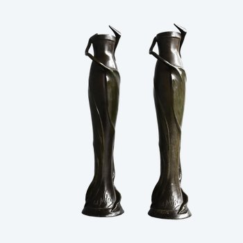 Pair of 1900 green patinated Art Nouveau vases signed Anton Nelson