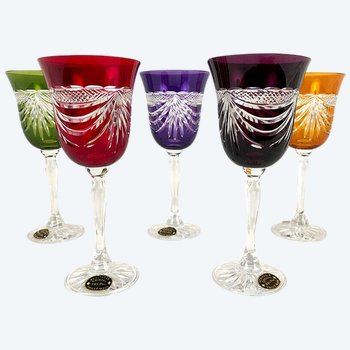 Set of five colored cut crystal stemware