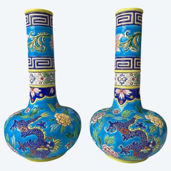 Emaux De Gien - Beautiful Pair Of Dragon Decor Vases Japonisant