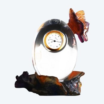 Petite Horloge De Table En Cristal De Daum Grenouille Et Papillon