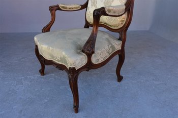 Pair Of Louis XV Style Armchair In Walnut Covered With Silk