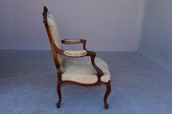 Pair Of Louis XV Style Armchair In Walnut Covered With Silk