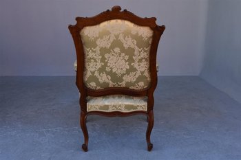 Pair Of Louis XV Style Armchair In Walnut Covered With Silk