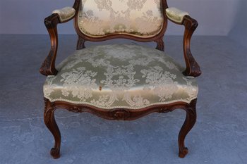 Pair Of Louis XV Style Armchair In Walnut Covered With Silk