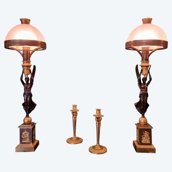 Thomire: Spectacular And Rare Pair Of Astral Lamps, Empire Period.