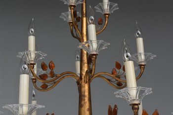 Large Chandelier 16 Lights 1940 Style Golden Metal And Glass Paste