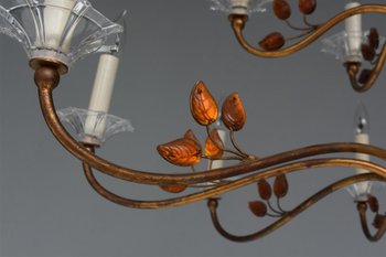 Large Chandelier 16 Lights 1940 Style Golden Metal And Glass Paste