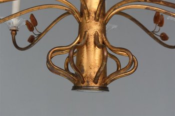 Large Chandelier 16 Lights 1940 Style Golden Metal And Glass Paste