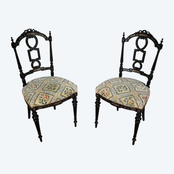 Pair of black lacquered chairs, Louis XVI style, Napoleon III period - Mid 19th century