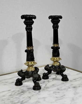 Coppia di candelieri in bronzo, periodo della Restaurazione - inizio XIX secolo