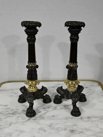 Coppia di candelieri in bronzo, periodo della Restaurazione - inizio XIX secolo