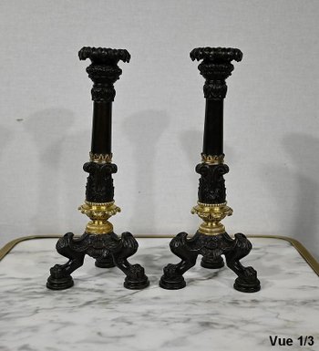 Coppia di candelieri in bronzo, periodo della Restaurazione - inizio XIX secolo