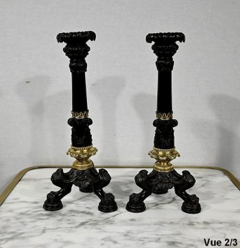 Coppia di candelieri in bronzo, periodo della Restaurazione - inizio XIX secolo