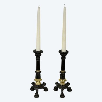 Pair of bronze candlesticks, Restoration period - Early 19th century