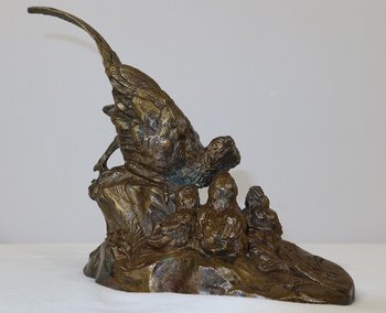 Bronzo "Fagiano e i suoi piccoli" firmato Vilavan - Inizio XX secolo
