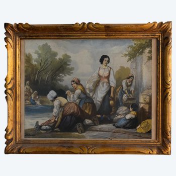 Young Lavandières Delacroix Very Animated Scene Of Dimension 35 Cm By 28 Cm