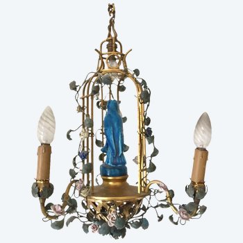 Lampadario Gabbia in Bronzo Dorato Uccelli e Rose In Ceramica