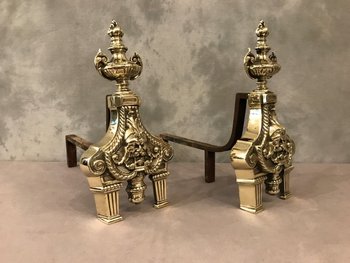 Paire de chenets anciens en bronze d'époque 19 ème de style Louis XVI 