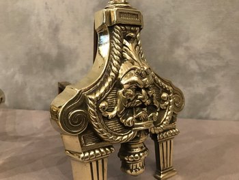 Paire de chenets anciens en bronze d'époque 19 ème de style Louis XVI 