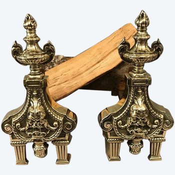 Pair of antique bronze andirons from the 19th century in the Louis XVI style