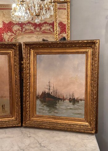 Dancourt, Paire D'Huiles Sur Toile Marine Scene De Port Signées Epoque Fin XIXème