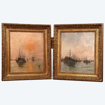 Dancourt, Paire D'Huiles Sur Toile Marine Scene De Port Signées Epoque Fin XIXème