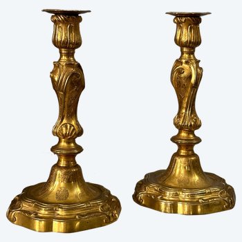 Henri Picard, Pair Of Bronze Candlesticks Louis XV Style Coat Of Arms 19th Century