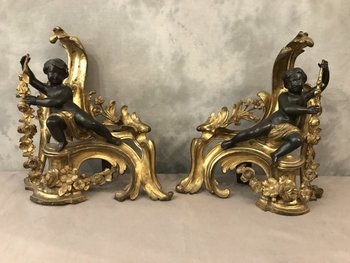Paire De Chenets En Bronze Doré Et Bronze Patiné D’époque 19ème
