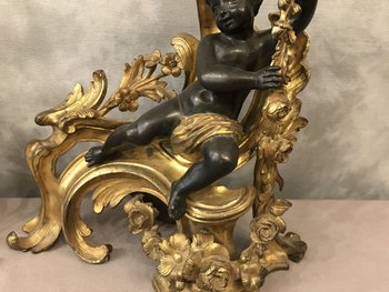 Paire De Chenets En Bronze Doré Et Bronze Patiné D’époque 19ème