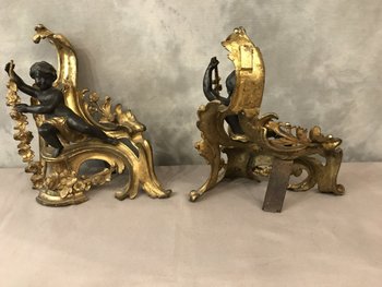 Paire De Chenets En Bronze Doré Et Bronze Patiné D’époque 19ème