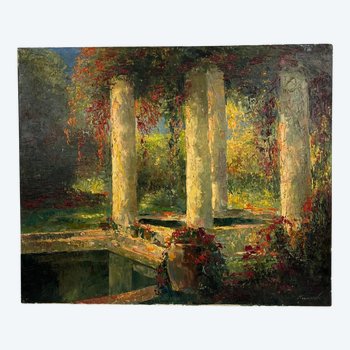 Olio su tela, "I giardini dell'Abbazia di Sant'André", firmato, inizio XX secolo