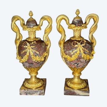 Pair Of Vases In Purple Marble And Gilt Bronze Louis XVI Style From The 19th Century