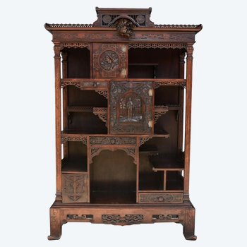 Cabinet Sculpté Asiatique En Bois Noirci Dans Le Goût De Gabriel Viardot XIXème