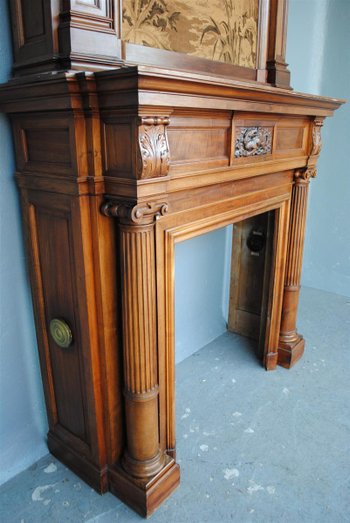 Spectacular Renaissance Style Walnut Fireplace, Late 19th Century