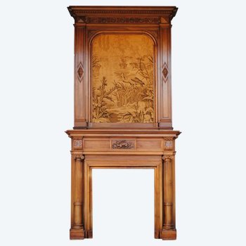 Spectacular Renaissance Style Walnut Fireplace, Late 19th Century