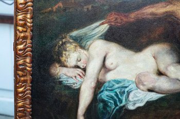 Huile sur toile d'aprés WATTEAU, "Nymphe et satyre" dit "Jupiter et Antiope" 
