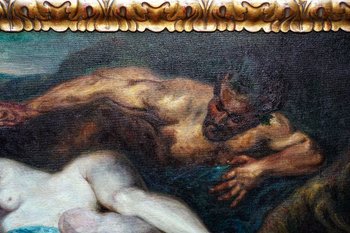 Huile sur toile d'aprés WATTEAU, "Nymphe et satyre" dit "Jupiter et Antiope" 
