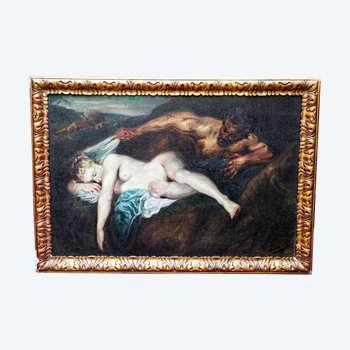 Huile sur toile d'aprés WATTEAU, "Nymphe et satyre" dit "Jupiter et Antiope" 