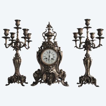 Pendule Garniture Rocaille En Bronze Argenté Style Louis XV