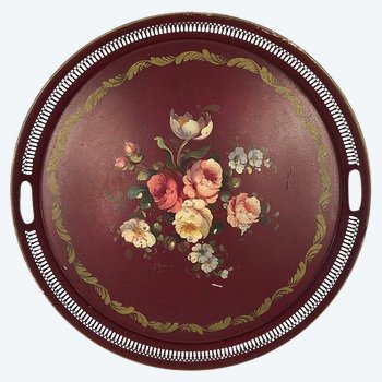 Large circular tray in painted sheet metal decorated with flowers signed, Napoleon III