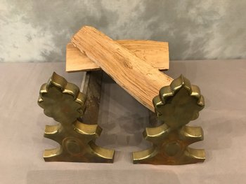 Pair Of Antique Brass And Cast Iron Andirons Early 20th Century