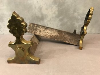 Pair Of Antique Brass And Cast Iron Andirons Early 20th Century