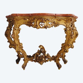 Console  Louis XV En  Bois Doré Dessus Marbre