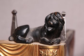 Pair Of Old Andirons In Golden Bonze With Lions 19th