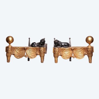 Pair Of Old Andirons In Golden Bonze With Lions 19th
