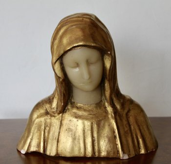 Buste De Vierge En Platre Doré Et Cire