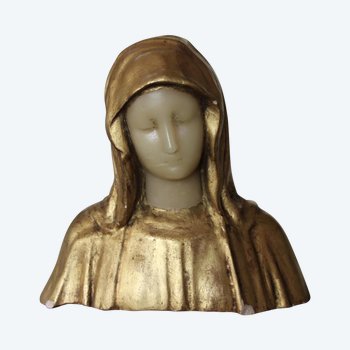 Buste De Vierge En Platre Doré Et Cire