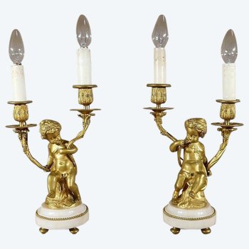 Pair of Candlesticks in Gilt Bronze, Louis XVI style - 19th century