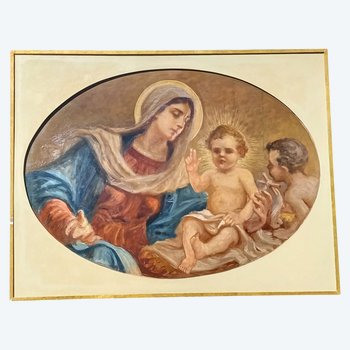 Grande peinture décorative Vierge à l'Enfant/Giuseppe Mazzei XIXème