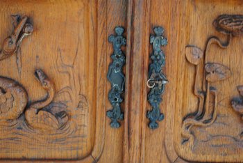 Carrello portavivande Art Nouveau in quercia con decoro Aironi